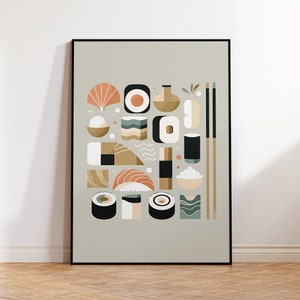 Può includere: Un'illustrazione digitale di sushi e altri cibi giapponesi in stile geometrico. L'illustrazione è in tonalità di verde, marrone, beige e bianco su uno sfondo grigio chiaro.