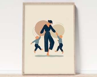 Mother and Toddlers Dancing Wall Art Print, Printable Mom and Toddlers Dance Poster, Elegant Minimalist Motherhood Poster