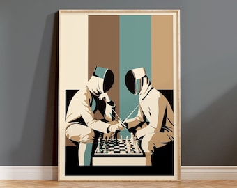 Fencers in Masks Playing Chess and Holding Epee - Quirky Fencing Wall Art Poster for Fencer Home Decor , Premium Matte Paper Poster in Frame