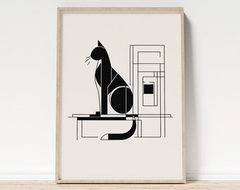 Cubist Line Art Cat Print for Contemporary Wall Decor, Minimalist Cat Wall Hanging in Abstract Style