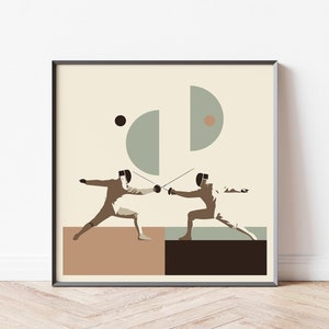 Könnte beinhalten: Ein minimalistischer Kunstdruck mit zwei Fechtern im Duell, mit geometrischen Formen im Hintergrund. Der Druck ist in Braun-, Beige- und Grüntönen gehalten.
