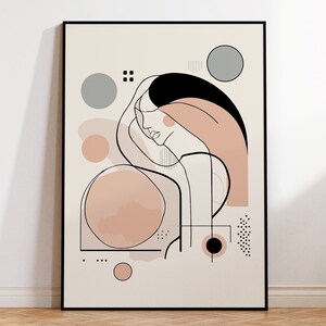 Pode incluir: Impressão de arte abstrata de linha com uma figura feminina estilizada em um esquema de cores preto e rosa. A impressão é feita em um fundo bege com formas geométricas e círculos em tons de rosa e cinza.