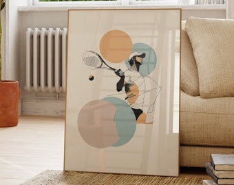 Printable Tennis Player Wall Art Poster for Instant Download I Downloadable Abstract Geometric Tennis Racket Print in Pastel Yellow and Blue