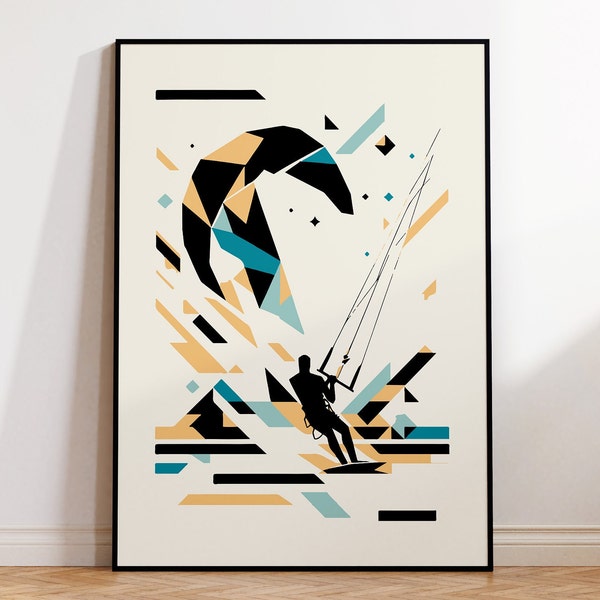 Abstract Kitesurf Print for Modern Home Wall Art, Printable Cubist Kitesurfing Poster for Scandi Interior, Kite Surf Graphic Art