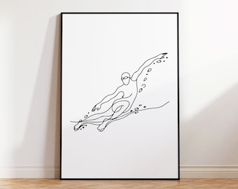 Framed Minimalist Swimmer Line Art Poster for Modern Stylish Home Wall Art I Minimalistic Swimming Print for Swimmer Gift I Wooden Frame