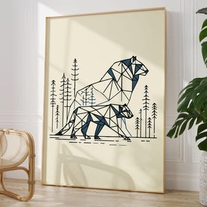 May include: Geometric line art print of a bear and a cub walking through a forest. The print is in black and blue on a cream background.