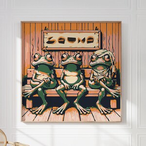 Frogs Sweating in the Sauna Poster for Cool Nordic Wall Art I Square Framed Eclectic Quirky Finnish Sauna Print I Fun Sauna Lover Gift