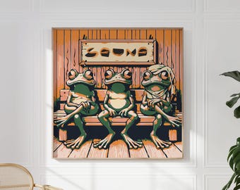 Frogs Sweating in the Sauna Poster for Cool Nordic Wall Art I Square Framed Eclectic Quirky Finnish Sauna Print I Fun Sauna Lover Gift