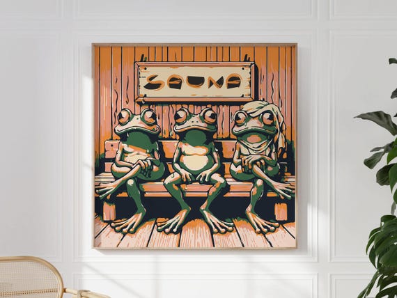 Frogs Sweating in the Sauna Poster for Cool Nordic Wall Art I Square Framed Eclectic Quirky Finnish Sauna Print I Fun Sauna Lover Gift