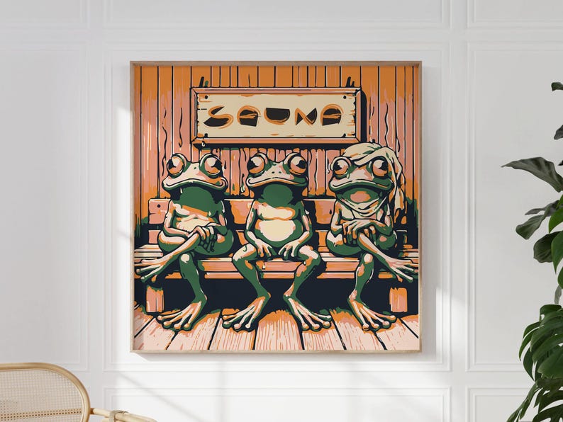 Frogs Sweating in the Sauna Poster for Cool Nordic Wall Art I Square Framed Eclectic Quirky Finnish Sauna Print I Fun Sauna Lover Gift