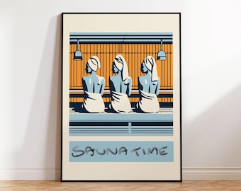 Three Women in the Sauna Poster for Bathroom Wall Art I Sauna Time Stylish Pop Art Print I Different Frame Options - Oak, Metal, Pine