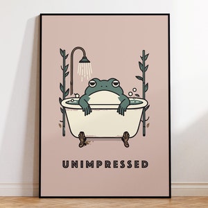 Unimpressed Frog in a Bath Under Shower Framed Wall Art Poster, Funny Sarcastic Print for Eclectic Bathroom Decor