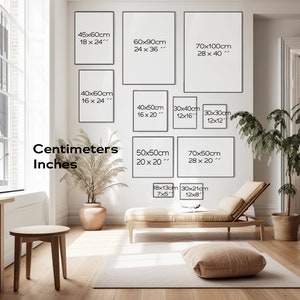 May include: A white wall with a variety of framed prints in different sizes. The prints are labeled with measurements in both centimeters and inches. The wall is decorated with a potted plant and a couch.