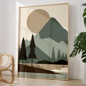 May include: A digital art print featuring a stylized landscape with a large, beige sun, a green mountain range, and dark green trees. The print has a light beige background.