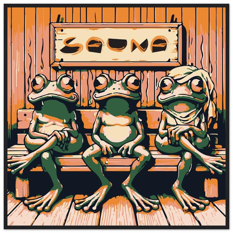 Frogs Sweating in the Sauna Poster for Cool Nordic Wall Art I Square Framed Eclectic Quirky Finnish Sauna Print I Fun Sauna Lover Gift