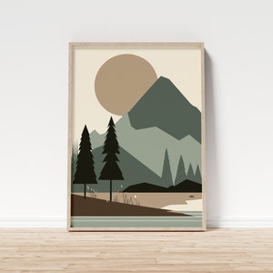 May include: A digital art print featuring a minimalist landscape with a large sun, mountains, and trees in shades of green, brown, and beige.
