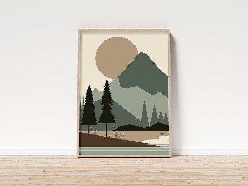 May include: A digital art print featuring a minimalist landscape with a large sun, mountains, and trees in shades of green, brown, and beige.