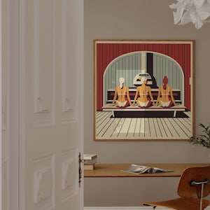 Scandinavian Women in Finnish Sauna for Cool Unique Spa Wall Art I Sauna Lover Gift I Three Ladies Chilling I Large Square Frame Included