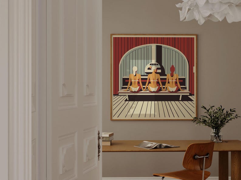 Scandinavian Women in Finnish Sauna for Cool Unique Spa Wall Art I Sauna Lover Gift I Three Ladies Chilling I Large Square Frame Included