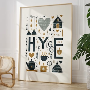 Hygge Lifestyle Wall Art with Tea Cup and Hearts for Nordic Minimalist Home, Scandinavian Vibe Poster for Cozy Feeling, Framed / Unframed