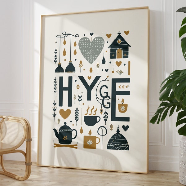 Hygge Lifestyle Wall Art with Tea Cup and Hearts for Nordic Minimalist Home, Scandinavian Vibe Poster for Cozy Feeling, Framed / Unframed