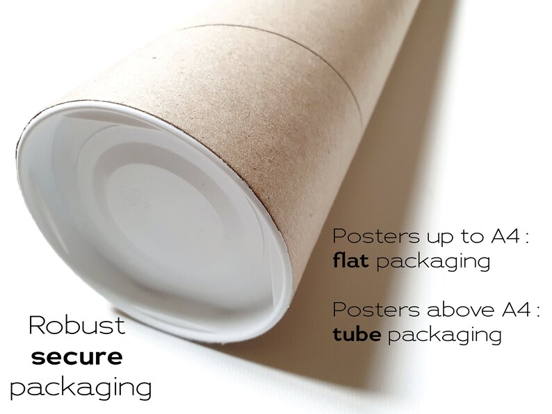 May include: A brown cardboard tube with a white plastic end cap. The text "Posters up to A4: flat packaging" and "Posters above A4: tube packaging" is printed on the tube.