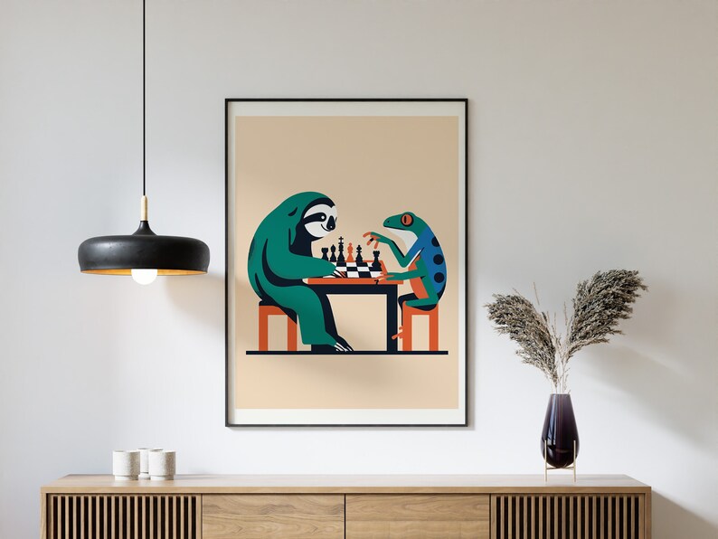Frog Sloth Frog and Sloth Playing Chess Print - Colorful Quirky Animals Poster Art ...