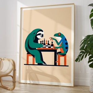Quirky Chess Game with Sloth and Frog - Colourful Framed Poster for Chess Player Wall Art I Gift for Fun Chess Lover