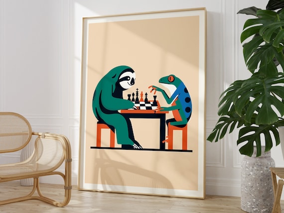 Quirky Chess Game with Sloth and Frog - Colourful Framed Poster for Chess Player Wall Art I Gift for Fun Chess Lover