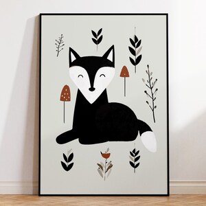 May include: A black and white illustration of a fox sitting in a forest with brown mushrooms and green leaves. The background is a light green color.