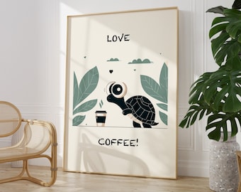 Quirky Turtle and Coffee Poster for Coffee Lovers, Funny Tortoise with Coffee Cup Wall Art for Modern Cafe Interior, Framed / Unframed