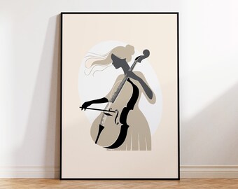 Woman Playing Cello Print for Classical Music Lover Wall Art, Cellist and Instrument Poster for Minimalist Home, Cello Player Art