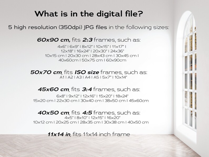 May include: A white wall with text describing the different sizes of digital files available for purchase. The text includes measurements in centimeters and inches. The text also includes the aspect ratios of the different sizes. The wall is in a room with a large arched window.