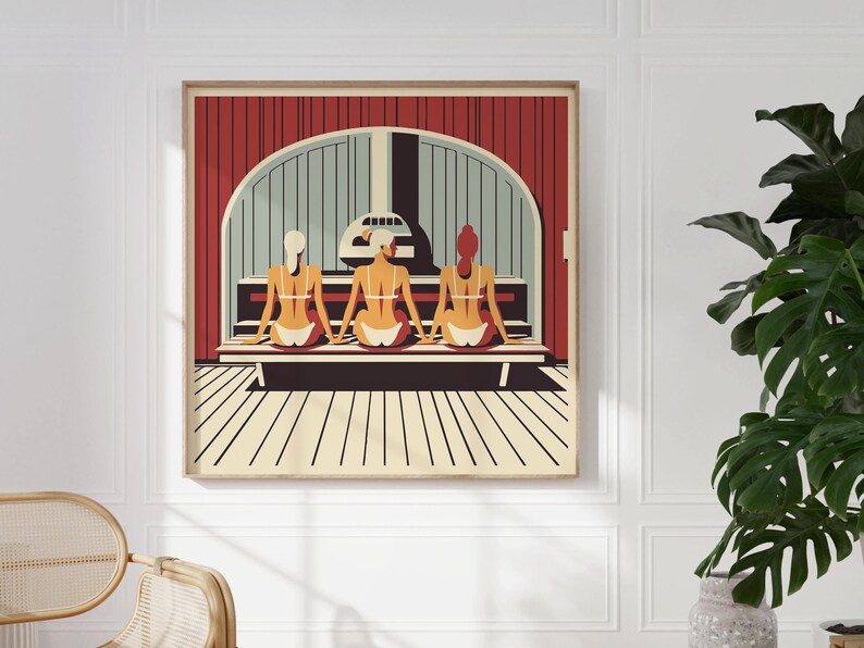 Scandinavian Women in Finnish Sauna for Cool Unique Spa Wall Art I Sauna Lover Gift I Three Ladies Chilling I Large Square Frame Included