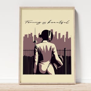 May include: A woman in a fencing outfit stands in front of a city skyline. The text "Fencing is beautiful" is printed above her.