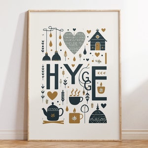 May include: A printable poster with the word "HYGGE" in large, bold, navy blue letters. The letters are surrounded by illustrations of cozy objects in gold and navy blue, including a heart, a birdhouse, a teapot, a cup of tea, a candle, and a hat.