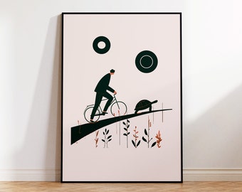 Printable Wall Art of a Turtle and a Man on a Bicycle Cycling on Abstract Hill, Graphic Minimalist Print for Fun Scandinavian Style