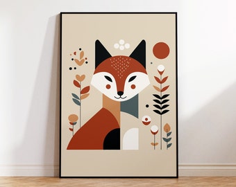 Abstract Fox in the Nature Nordic Kids Room Wall Art, Unique Scandinavian Kids Room Decor, Framed / Unframed Poster