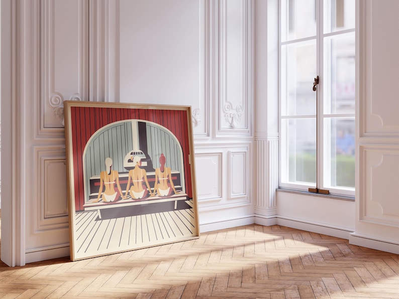 Scandinavian Women in Finnish Sauna for Cool Unique Spa Wall Art I Sauna Lover Gift I Three Ladies Chilling I Large Square Frame Included