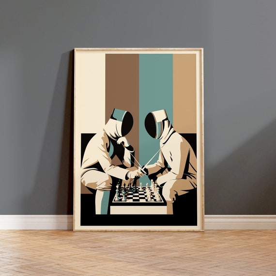 Fencers in Masks Playing Chess and Holding Epee - Quirky Fencing Wall Art Poster for Fencer Home Decor , Premium Matte Paper Poster in Frame