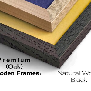 May include: Close-up of three wooden picture frames. The top frame is a light wood color, the middle frame is a yellow wood color, and the bottom frame is a dark wood color. The text "Premium (Oak) Wooden Frames: Natural Wood Black" is visible below the frames.