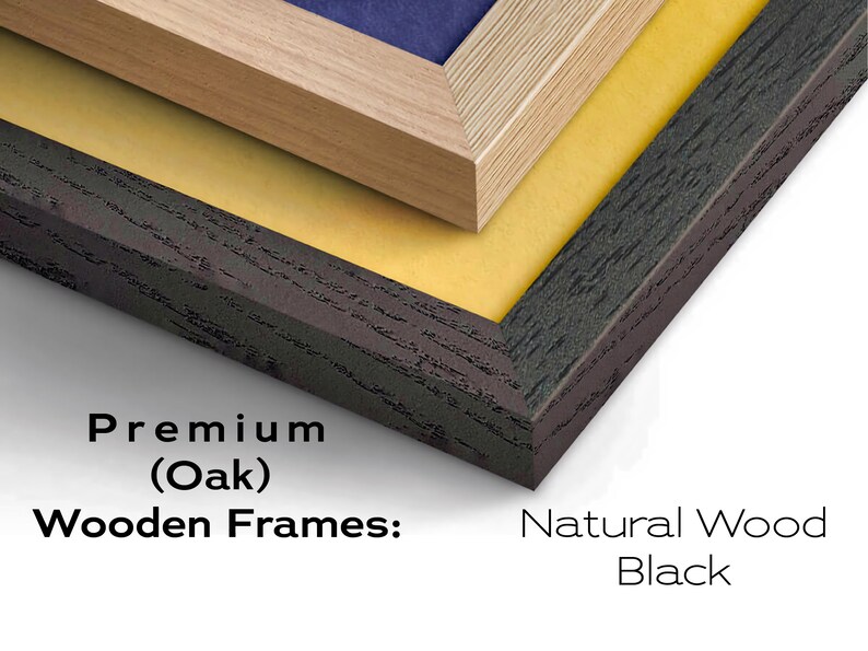 May include: Close-up of three wooden picture frames. The top frame is a light wood color, the middle frame is a yellow wood color, and the bottom frame is a dark wood color. The text "Premium (Oak) Wooden Frames: Natural Wood Black" is visible below the frames.