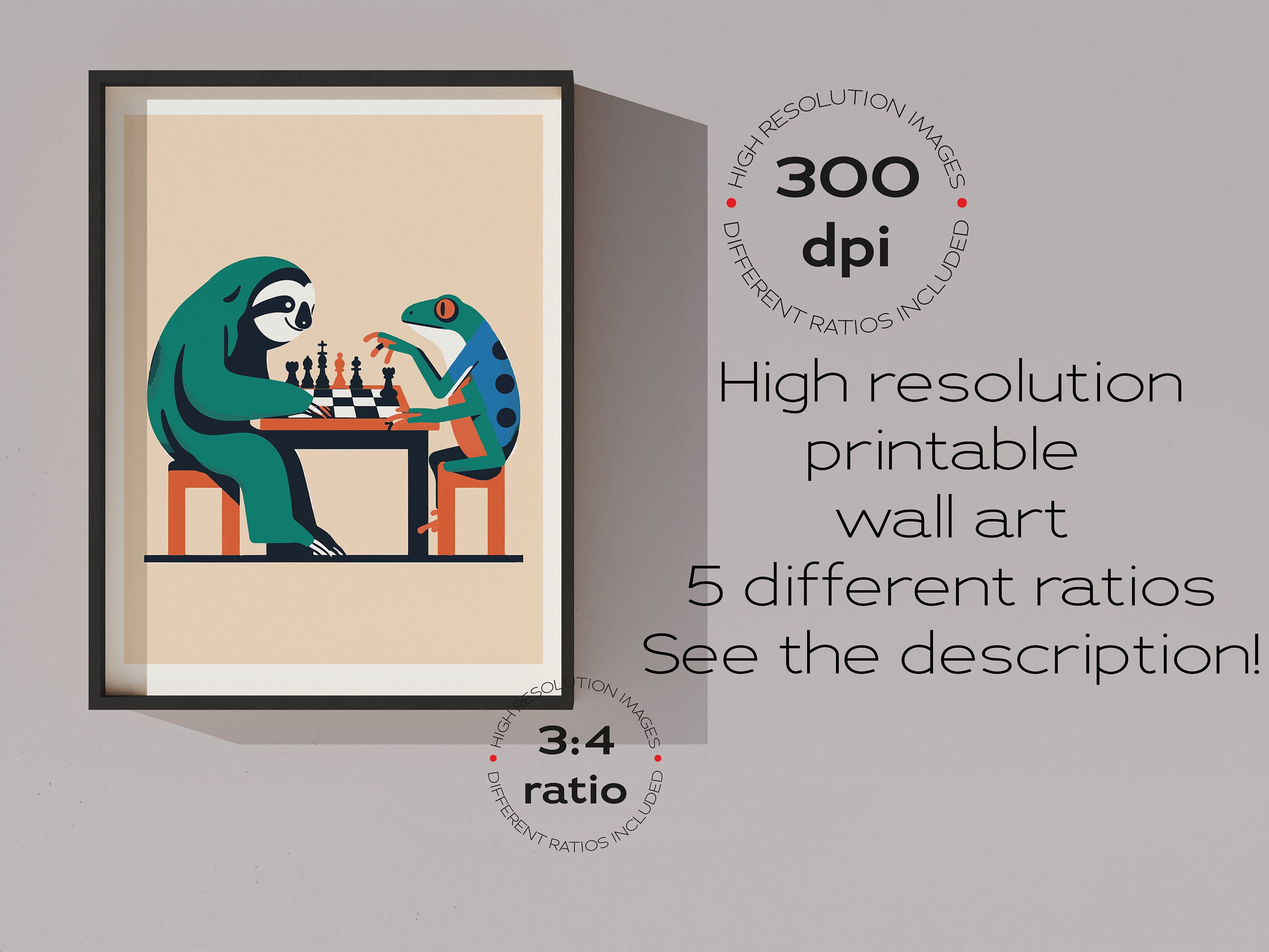Frog Sloth Frog and Sloth Playing Chess Print - Colorful Quirky Animals Poster Art ...