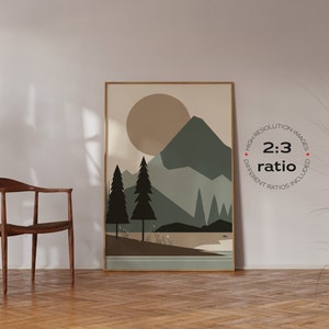 May include: A framed print of a minimalist landscape with a mountain, trees, and a lake. The print has a light brown background and a light blue sky. The frame is a light brown wood.