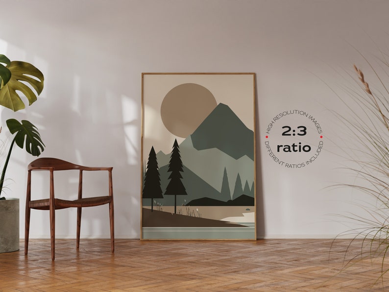 May include: A framed print of a minimalist landscape with a mountain, trees, and a lake. The print has a light brown background and a light blue sky. The frame is a light brown wood.