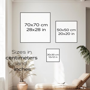 May include: A white wall with three framed prints showing different sizes in centimeters and inches. The prints are 70x70 cm (28x28 in), 50x50 cm (20x20 in), and 30x30 cm (12x12 in).