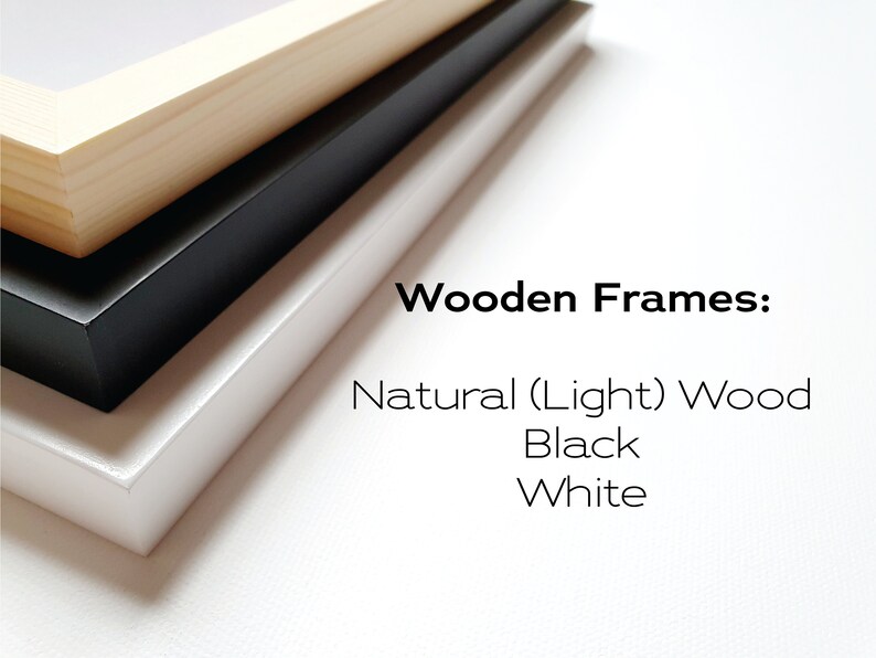 May include: Three wooden picture frames stacked on top of each other. The top frame is natural wood, the middle frame is black, and the bottom frame is white. The text "Wooden Frames:" is written above the frames, and the text "Natural (Light) Wood, Black, White" is written below the frames.