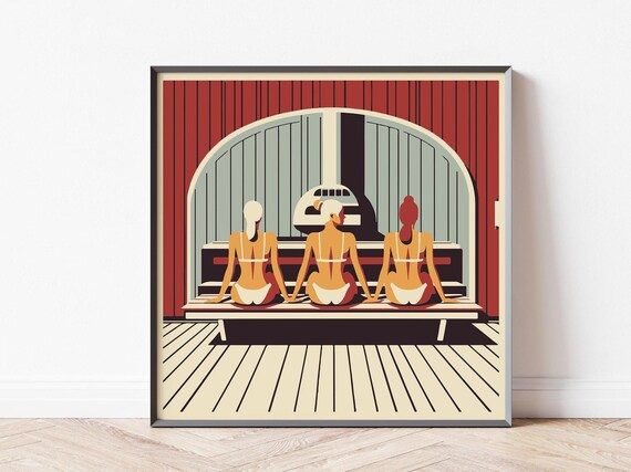 Scandinavian Women in Finnish Sauna for Cool Unique Spa Wall Art I Sauna Lover Gift I Three Ladies Chilling I Large Square Frame Included