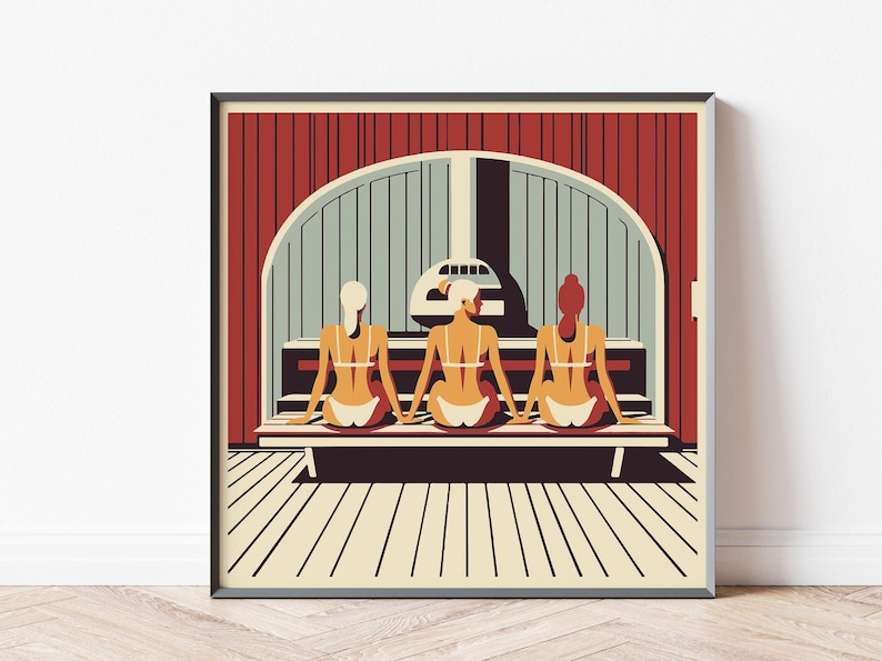 Scandinavian Women in Finnish Sauna for Cool Unique Spa Wall Art I Sauna Lover Gift I Three Ladies Chilling I Large Square Frame Included