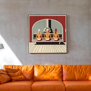 Scandinavian Women in Finnish Sauna for Cool Unique Spa Wall Art I Sauna Lover Gift I Three Ladies Chilling I Large Square Frame Included